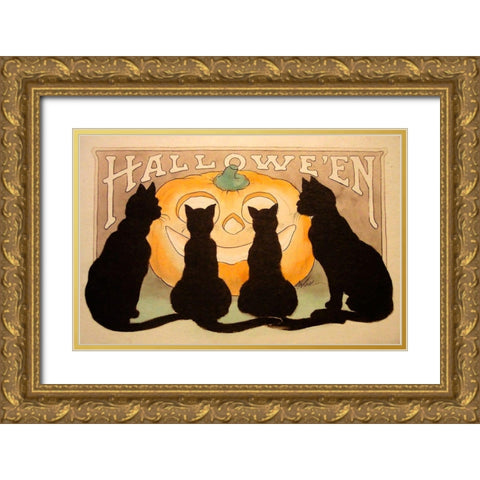 Halloween Black Cats Pumpkin.tif Gold Ornate Wood Framed Art Print with Double Matting by Vintage Apple Collection