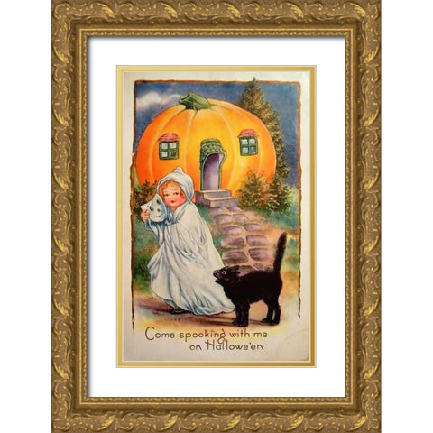Halloween Come Spooking.tif Gold Ornate Wood Framed Art Print with Double Matting by Vintage Apple Collection