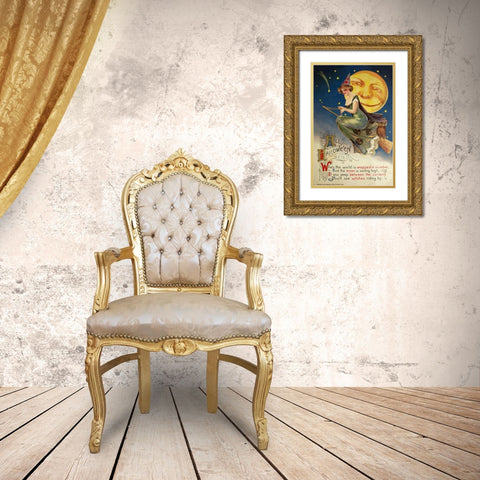 Halloween Witch Greendress Moon.tif Gold Ornate Wood Framed Art Print with Double Matting by Vintage Apple Collection