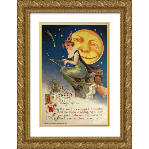 Halloween Witch Greendress Moon.tif Gold Ornate Wood Framed Art Print with Double Matting by Vintage Apple Collection