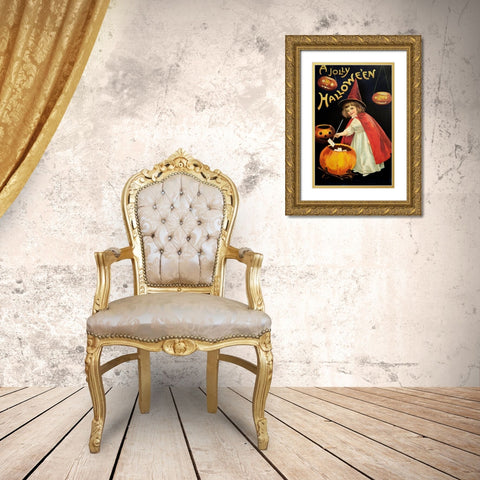 Little Red Halloween Witch.tif Gold Ornate Wood Framed Art Print with Double Matting by Vintage Apple Collection
