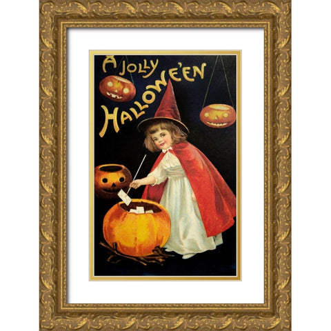 Little Red Halloween Witch.tif Gold Ornate Wood Framed Art Print with Double Matting by Vintage Apple Collection