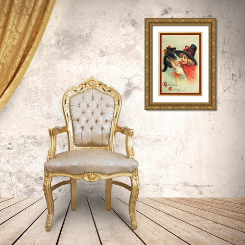 Little Witch And Halloween Kitty.tif Gold Ornate Wood Framed Art Print with Double Matting by Vintage Apple Collection