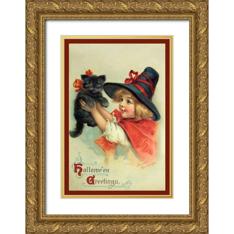 Little Witch And Halloween Kitty.tif Gold Ornate Wood Framed Art Print with Double Matting by Vintage Apple Collection