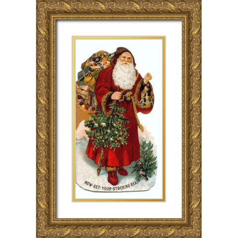 Christmas Stocking Santa Gold Ornate Wood Framed Art Print with Double Matting by Vintage Apple Collection
