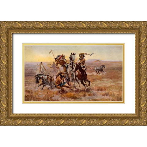 Charles Marion Russell - Souix Blackfeet Gold Ornate Wood Framed Art Print with Double Matting by Vintage Apple Collection