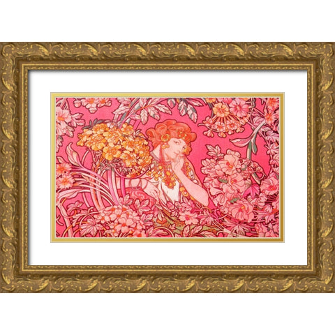 Mucha Woman Among Flowers Arch Vers Gold Ornate Wood Framed Art Print with Double Matting by Vintage Apple Collection
