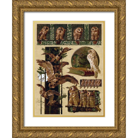 Owls Gold Ornate Wood Framed Art Print with Double Matting by Vintage Apple Collection