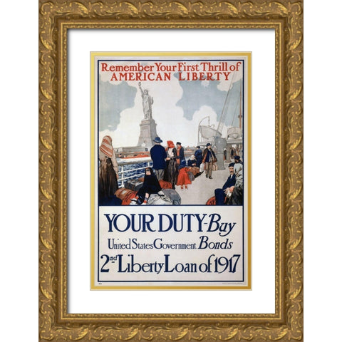 Statue of Liberty 1917 Gold Ornate Wood Framed Art Print with Double Matting by Vintage Apple Collection
