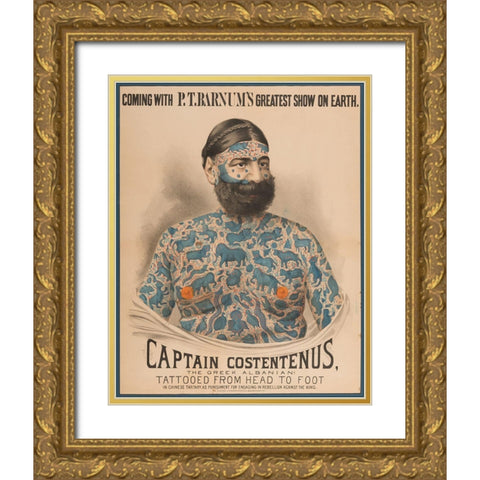 Sideshow Tattoo Man Gold Ornate Wood Framed Art Print with Double Matting by Vintage Apple Collection