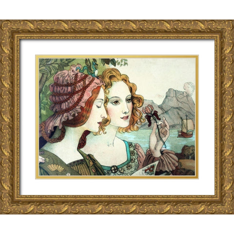 Vintage Art Nouveau Women Gold Ornate Wood Framed Art Print with Double Matting by Vintage Apple Collection