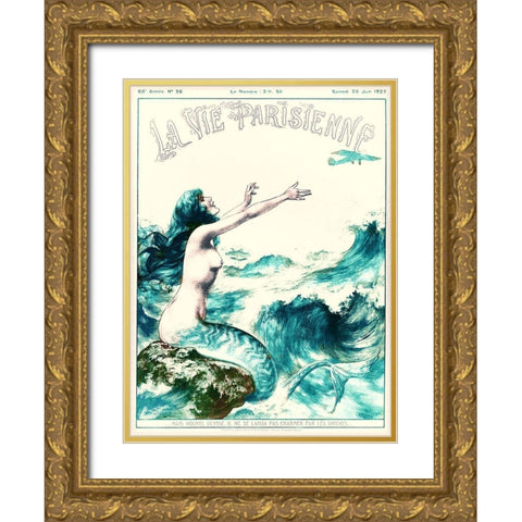 Vintage Mermaid Gold Ornate Wood Framed Art Print with Double Matting by Vintage Apple Collection