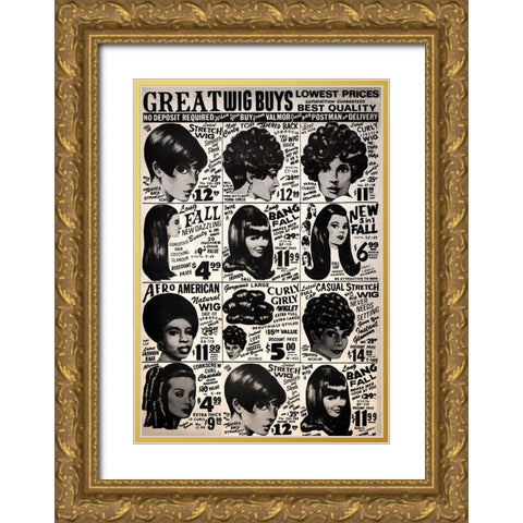 Vintage Wigs Gold Ornate Wood Framed Art Print with Double Matting by Vintage Apple Collection