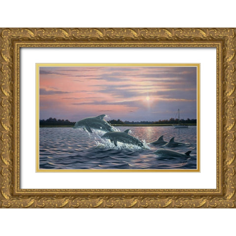 Dolphins Gold Ornate Wood Framed Art Print with Double Matting by Goebel, Wilhelm