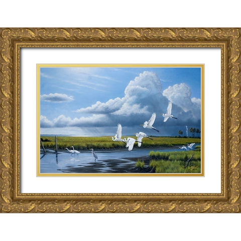Summer Storm Egrets Gold Ornate Wood Framed Art Print with Double Matting by Goebel, Wilhelm