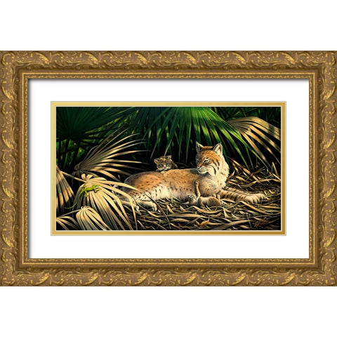 Sunny Spot Bobcat with Kittens Gold Ornate Wood Framed Art Print with Double Matting by Goebel, Wilhelm