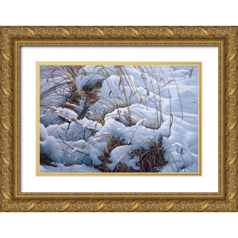 Snow Glow Field Sparrows Gold Ornate Wood Framed Art Print with Double Matting by Goebel, Wilhelm