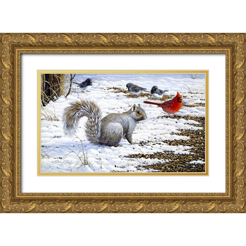 Under The Feeder Gold Ornate Wood Framed Art Print with Double Matting by Goebel, Wilhelm