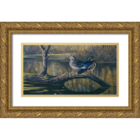 Spring Pair - Wood Ducks Gold Ornate Wood Framed Art Print with Double Matting by Goebel, Wilhelm