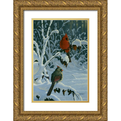 Cardinals And Brambles Gold Ornate Wood Framed Art Print with Double Matting by Goebel, Wilhelm