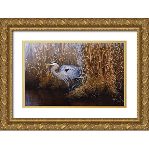 Set In Gold - Great Blue Heron Gold Ornate Wood Framed Art Print with Double Matting by Goebel, Wilhelm