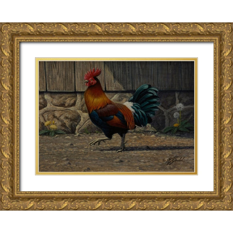 Barnyard Strut - Bantam Rooster Gold Ornate Wood Framed Art Print with Double Matting by Goebel, Wilhelm