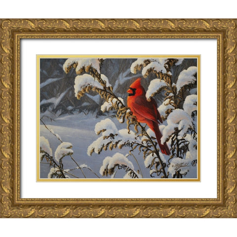 Winter Cardinal Gold Ornate Wood Framed Art Print with Double Matting by Goebel, Wilhelm