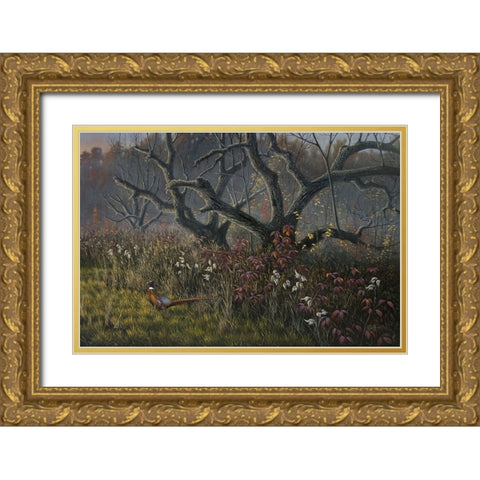 Old Orchard and Pheasant Gold Ornate Wood Framed Art Print with Double Matting by Goebel, Wilhelm