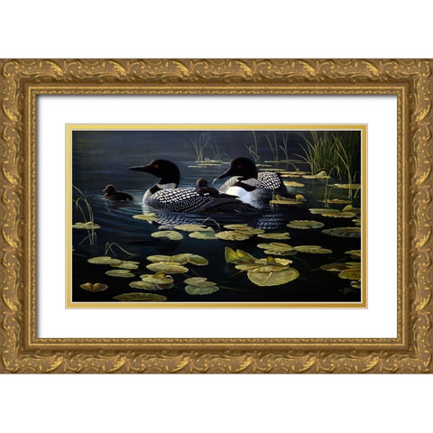 Shoreline Refuge - Loon Family Gold Ornate Wood Framed Art Print with Double Matting by Goebel, Wilhelm