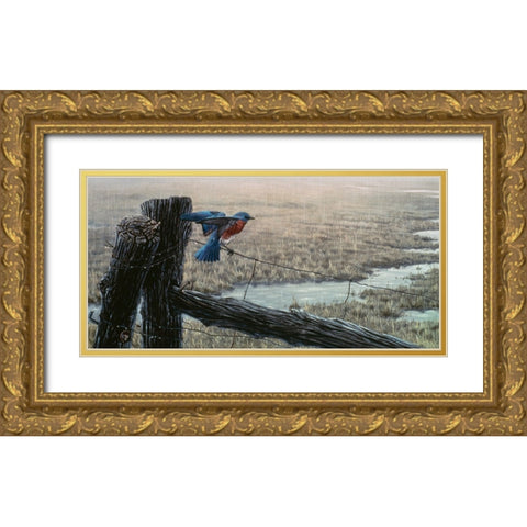 April Showers - Eastern Bluebird Gold Ornate Wood Framed Art Print with Double Matting by Goebel, Wilhelm