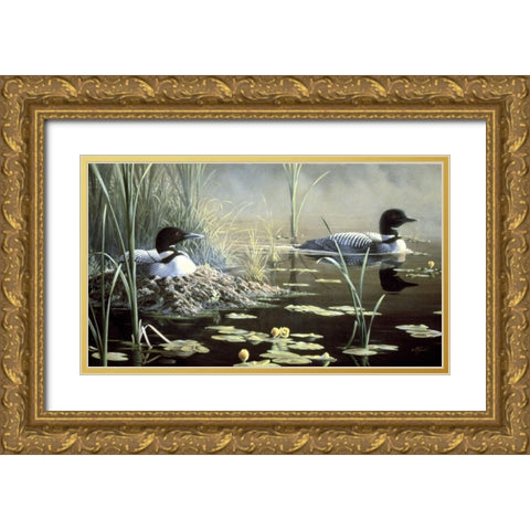 Nesting Loons Gold Ornate Wood Framed Art Print with Double Matting by Goebel, Wilhelm