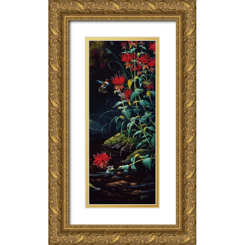 Ruby Throated Hummingbird Gold Ornate Wood Framed Art Print with Double Matting by Goebel, Wilhelm