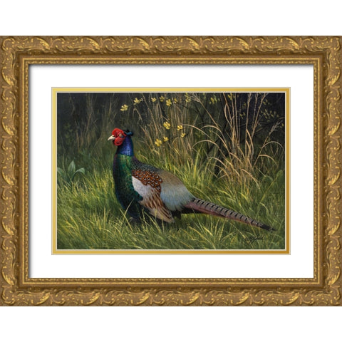 Japanese Green Pheasant Gold Ornate Wood Framed Art Print with Double Matting by Goebel, Wilhelm