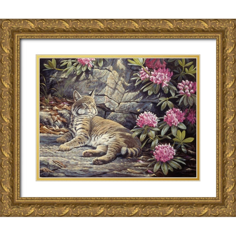 Bee Watching Bobcat Gold Ornate Wood Framed Art Print with Double Matting by Goebel, Wilhelm