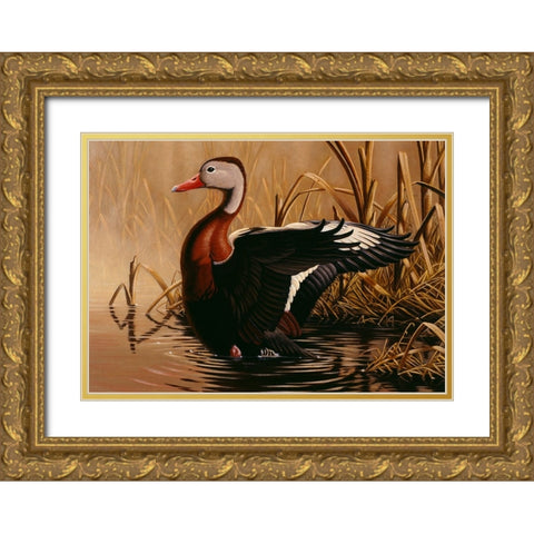 1988 Black Bellied Whistling Duck Gold Ornate Wood Framed Art Print with Double Matting by Goebel, Wilhelm