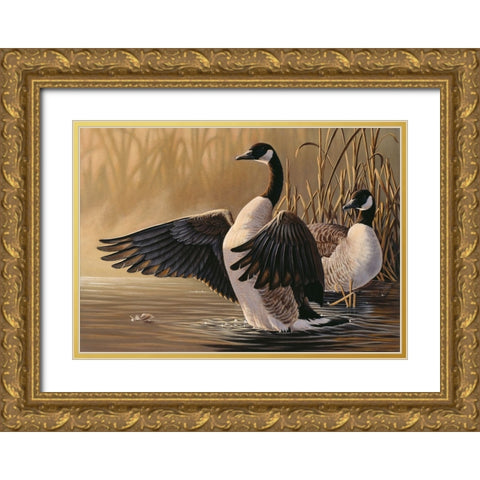 1994 Canada Geese Gold Ornate Wood Framed Art Print with Double Matting by Goebel, Wilhelm