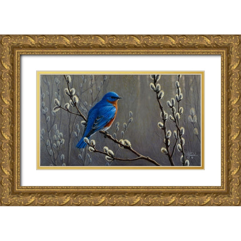 Signals Of Spring - Eastern Bluebird Gold Ornate Wood Framed Art Print with Double Matting by Goebel, Wilhelm