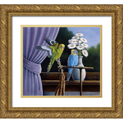 Parakeets Gold Ornate Wood Framed Art Print with Double Matting by Goebel, Wilhelm