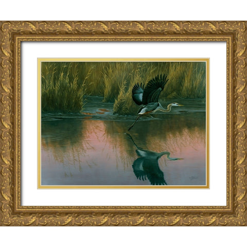 Evening Flight - Great Blue Heron Gold Ornate Wood Framed Art Print with Double Matting by Goebel, Wilhelm
