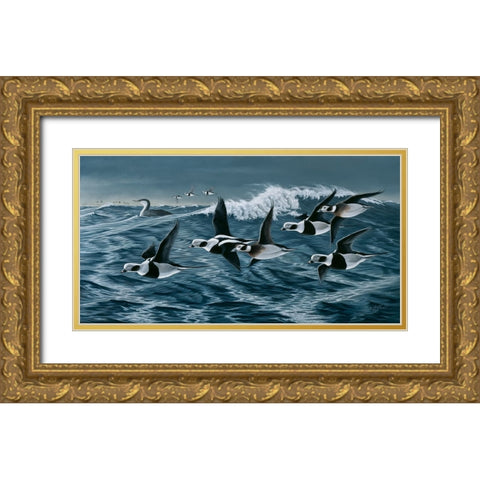 Rough Day On The Bay - Oldsquaw Ducks Gold Ornate Wood Framed Art Print with Double Matting by Goebel, Wilhelm