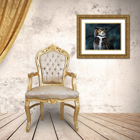 Portrait In The Pines - Great Horned Owl Gold Ornate Wood Framed Art Print with Double Matting by Goebel, Wilhelm