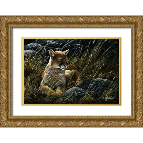 Cougar In The Grass Gold Ornate Wood Framed Art Print with Double Matting by Goebel, Wilhelm