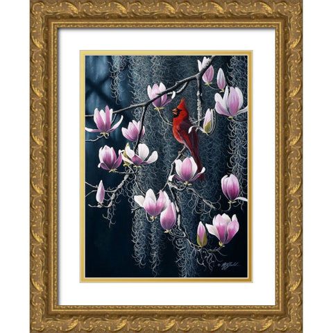 Southern Cheer - Cardinal Gold Ornate Wood Framed Art Print with Double Matting by Goebel, Wilhelm