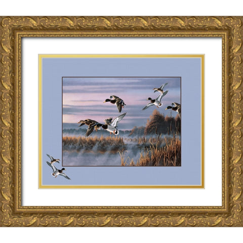 Ducks In Flight 1 Gold Ornate Wood Framed Art Print with Double Matting by Goebel, Wilhelm
