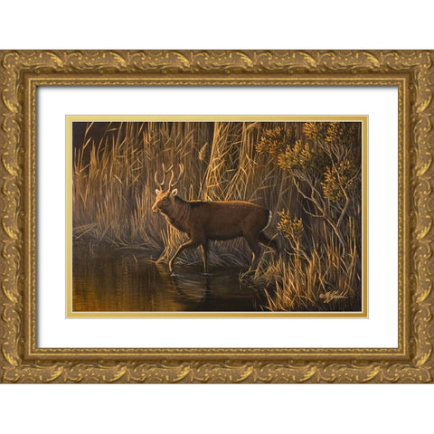 Evening Rounds Sika Deer Gold Ornate Wood Framed Art Print with Double Matting by Goebel, Wilhelm