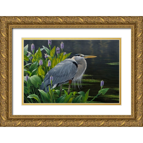 Biding Time Great Blue Heron Gold Ornate Wood Framed Art Print with Double Matting by Goebel, Wilhelm