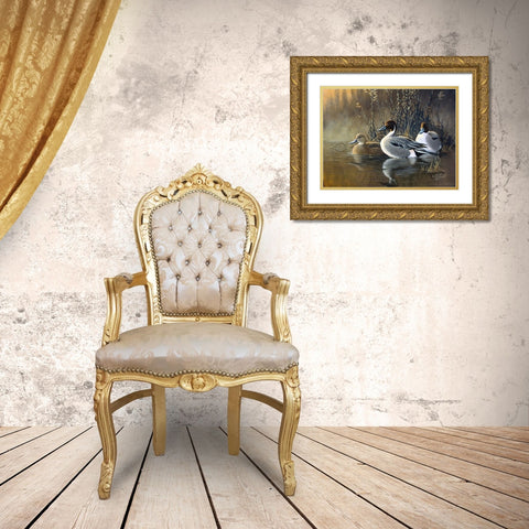 Pintail Trios Gold Ornate Wood Framed Art Print with Double Matting by Goebel, Wilhelm