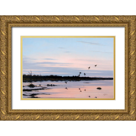 Sunset March Black Ducks Gold Ornate Wood Framed Art Print with Double Matting by Goebel, Wilhelm