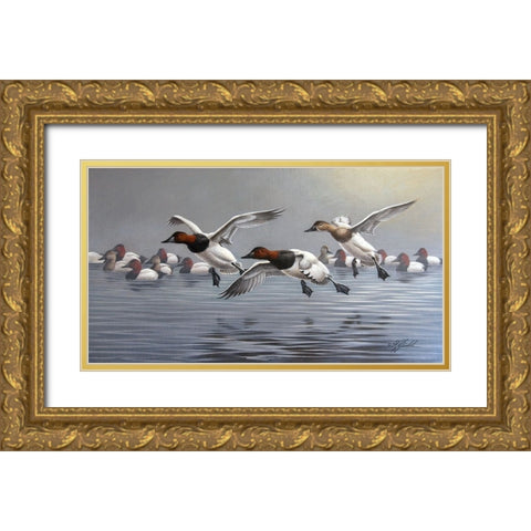 Canvasbacks Coming In Gold Ornate Wood Framed Art Print with Double Matting by Goebel, Wilhelm