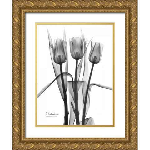 Triplet Tulips in BandW Gold Ornate Wood Framed Art Print with Double Matting by Koetsier, Albert